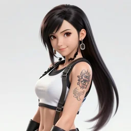 high quality screenshot of tifa lockhart with tattoos, smiling, trending on artstation
