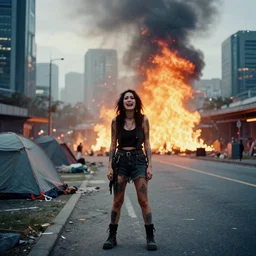 Cinestill 50d candid photography of a city on fire, extreme wide shot of a poor techwear mixed woman makeup crying outside of a futuristic city on fire, cyberpunk, tattoos, homeless tents on the side of the road, extreme long shot, desaturated, full shot, action shot, blurry, 4k, 8k, hd, full color