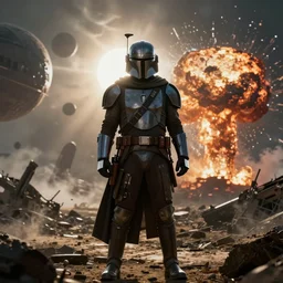 backlit dramatic cinematic mandalorian by beksinski  frazetta on background with destroyed planets and atomic bomb explosion, backlight