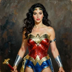 Painting of Monica Bellucci as Wonder Woman. Art by william adolphe bouguereau. Extremely detailed. Beautiful. Award winning.