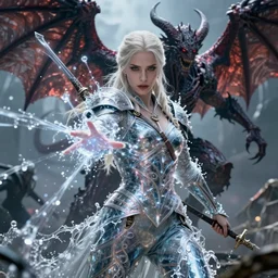 portrait of seductive ciri, epic battle against a winged demon, magical armor made of transparent water, intricate, magic shooting forth from different directions, the witcher, fierce combat, sharp details, cinematic lighting, epic fantasy art, 8 k.