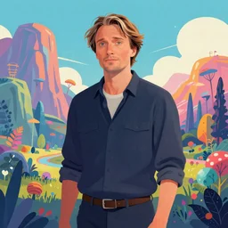 Mads Mikkelsen traveling through a beautiful psychedelic world, illustrated by Jim Burns