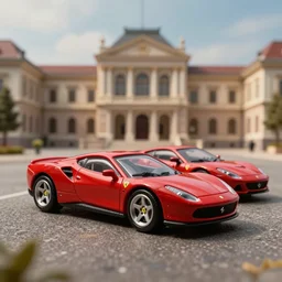 3 5 mm photo of red ferrari 1 6 6 mm zagato panoramica, hot wheels model with an palace as background, epic cinematic, epic lighting
