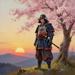 detailed oil painting of a samurai in armor standing on a hill at sunset, a cherry blossom tree is next to the samurai