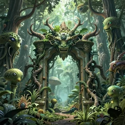 dense haunted forest on an exotic alien planet, jungle gates of antler trees, insectile plants, gnarled stumps, thorny weeds forming demon faces, skulls, skeletal image, by ian miller, rodney matthews and artstation, hyperdetailed, photorealistic render