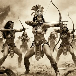 movie, powerful beautiful aztec and Amazonian warrior female tribes  attack  each other,bows and arrows, spears, epic, vintage,  Boris vallejo, sepia, apocalypto