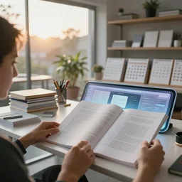 depth of field pov candid photo of my hands reading pdfs at my floating futuristic ios hologram desk, stacks and rows of perfectly organized objects and calendar cubbies during sunrise in a cozy dappled open - air design studio, daylight vr os ux, leica 8 k still a 2 4