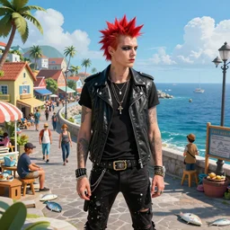 screenshots of a punk rocker vampiric electrifying rockstar background from a vibrant seaside side scrolling crowded town filled with fish and coral by genndy tartakovsky and splatoon by nintendo for a new game from the psychonauts franchise by doublefine tim shafer