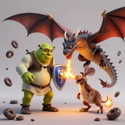 shrek and donkey fighting a dragon the dragon is breathing fire while shrek blocks with a shield 8K, c4d, 3d primitives, in a Studio hollow, surrounded by flying parts, explosion drawing, by pixar, beeple, by jeff koons, blender donut tutorial, symmetry