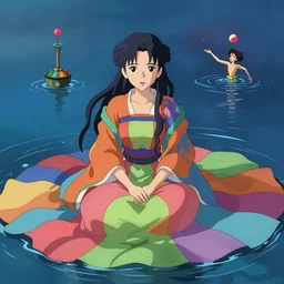 a woman sitting in water, ritual, mage, beautiful gown, vibrant colors, by Makoto Shinkai and Wojtek Fus, by studio trigger, rossdraws, by artgerm