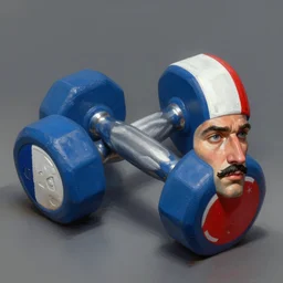 concept art of a dumbell painted in blue, white and red, with the face of a french guy with a mustach on one side, by aenaluck, artgerm and roberto ferri and greg rutkowski, digital painting, artstation, concept art, smooth, sharp foccus ilustration hq