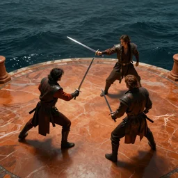 sword duel, marble platform, sea, movie concept art, high angle shot, dark orange colors, men