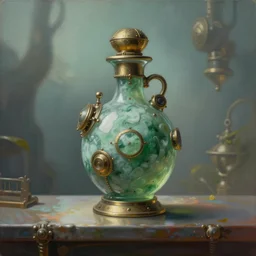 a painting of a detailed steampunk mechanical jade colored potion bottle centred on a counter, by h. r. giger, hyperrealistic fantasy art, concept matte, ethereal, dreamy, digital art, trending on artstation, volumetric cinematic lighting