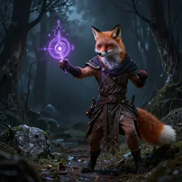 ultra realistic rendition of a foxfolk druid duel classing as a wizard and casting a spell on a dark foreboding night