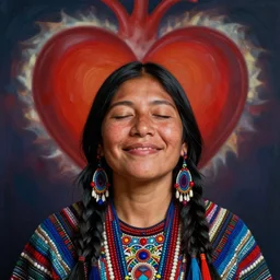 a beautiful portrait of an indigenous female shaman smiling with eyes closed feeling deep love, a heart in the background,, symetrical, by cyril rolando and asher durand and natalie shau