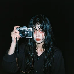 Photograph of the creepy girl from Ringu, dark, no lights, moist, taken using a film camera with 35mm expired film, bright camera flash enabled, award winning photograph, creepy, liminal space