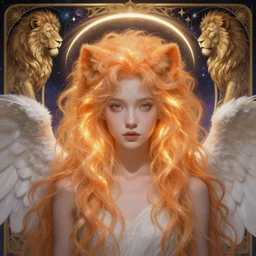 Portrait of a girl angel with pale orange colored frizzy strands of illuminated hair, Lion essence, cat ears on her head, glowing halo, Lion's Mane, Cosmic, Lion's Gate, 8/8, fantasy, intricate, elegant, highly detailed, digital painting, artstation, concept art, smooth, sharp focus, illustration, art by Krenz Cushart and Artem Demura and alphonse mucha