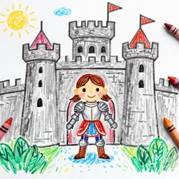 Kids crayon drawing of a girl wearing a knight armor entering a castle