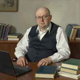 portrait of an short, slightly overweight, balding, older man in a vest and white shirt sitting behind a big desk, he is wearing glasses, there are a lot of books laying around, style of greg rutkowski