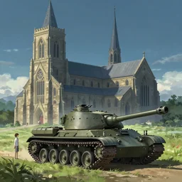 concept art of a church combined with a tank in an open field, key visual, ambient lighting, highly detailed, digital painting, artstation, concept art, sharp focus, by makoto shinkai and akihiko yoshida and greg manchess