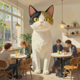 a mixed media closeup portrait painting of the interior of an aesthetic cat - themed cafe, minimalist, by simon stalenhag, frank frazetta, greg rutkowski, beeple, yoko taro, christian macnevin, beeple, wlop and krenz cushart, epic fantasy character art, volumetric outdoor lighting, midday, high fantasy, cgsociety, cheerful colours, full length, exquisite detail, post - processing, masterpiece, cinematic