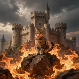 a cat standin on a castle surrounded by fire, digital art, realistic, large depth of field, vignette effect, trending on arstation
