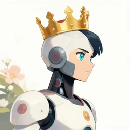 profile view portrait of an ai robot king wearing a crown 4 k digital art, anime, two dimensional, looking to the side, flowers, trending on artstation, high detail, god rays, sunray, diffusion, disollution, portal to outer space, carvaggio, da vinci, deviantart, ilya kushinov, chiaroscuro, raphael, caravaggio,