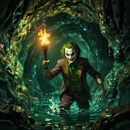 horizon zero dawn screenshot of the joker delving into a dark watery cave, holding a flaming torch. dimly lit surroundings, green ghastly atmosphere, bright yellow character halo. 8 k octane render, enb, bokeh, ambient occlusion, realistic lighting, 4 k textures, enhanced fx.