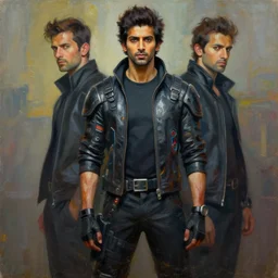 a full body portrait oil painting illustration of rahul kohli by justin sweet and greg rutkowski and alphonse mucha with face and body clearly visible, techwear, futuristic, cyberpunk, artstation trending, high quality, sombre mood, artstation trending, abstract colours, no crop, entire character!,