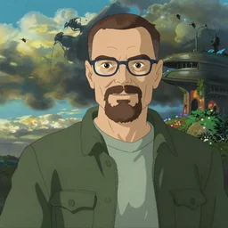 a still from a studio ghibli movie about Walter white traveling across universes