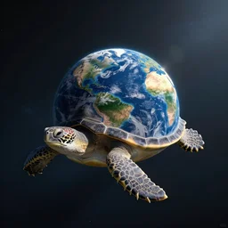 flat Earth on the shell of a giant turtle floating in space, photo taken from space,