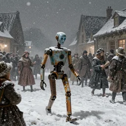 1 6 th century robot walking in a crowded town, in snow storm at night, in the style of rembrandt