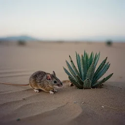 a little desert mouse next to a succulent, high desert, 35mm photograph, dusk