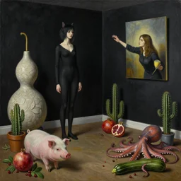 realistic painting of a trashed female artist's apartment, black dripping walls, tall emo catgirl, a gourd sculpture carved from stone, a pig, a woman reaching out from inside a painting on black walls, a pomegranate, cactus, octopus, a courgette, 1 6 mm, berries, zen, sensual, surrealist painting by magritte and rousseau and monet