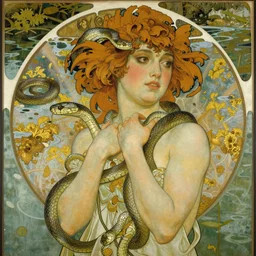 hyperrealist portrait in a river, snakes, half body, golden water algae by alphonse mucha and lucian freud and bouguereau, very detailed faces