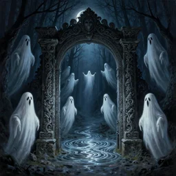 ghosts monsters. ornately carved stone portal with shimmering rippled swirling center leading to another land. tall dancing ghouls at midnight in the forest. at night. crescent moon night sky. thomas kinkade. digital painting. marc simonetti. dancing ghost ghoul. michael whelan. greg rutkowski. scary. creepy. artstation.