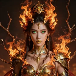 front view portrait of a beautiful oriental cyborg warrior woman, green eyes, gold lips, entwined in burning branches, crown of fire, highly detailed, sci - fi, intricate, decadent, highly detailed, octane render, concept art, smooth, sharp focus, hyper - realistic