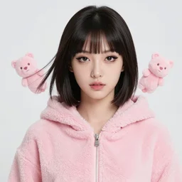 youthful female blade runner demure, perfect mascara, exquisite features, feminine cut, frontiers in flight pink fuzzy bear jumpsuit,