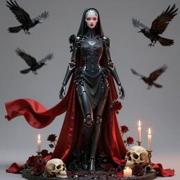 full-body cyberpunk style sculpture of a young beautiful dark priestess, half android with a head opening exposing circuitry, glowing red eyes, black roses, flowing blood red colored silk, fabric, candles. baroque elements, human skull. full-length view. baroque element. intricate artwork by Caravaggio. crows flying in  background. Trending on artstation, octane render, cinematic lighting from the right, hyper realism, octane render, 8k, depth of field, 3D