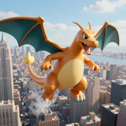 charizard flying above new york, high detail shot, smoking, render, cgsociety, photorealism