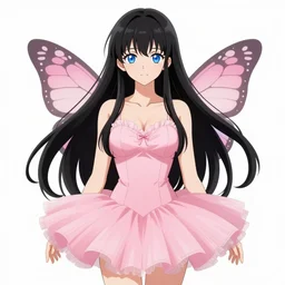illustration of elegant bombshell anime waifu woman with long black hair, blue eyes, pink romantic tutu, butterfly wings. symmetrical face, symmetrical detailed defined eyes, intricate, dance hall background, by wlop and greg rutkowski and makoto shinkai and studio ghibli and kyoto animation