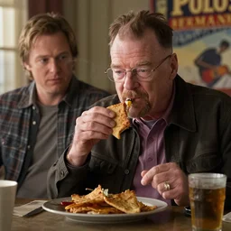 Walter White eating over at Los Pollos Hermanos with Hank Schrader, hyper realstic, super detailed, 4k, HDR, photograph