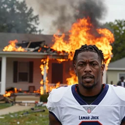 a photo of a house burning down in the background and lamar jackson with an eerie expression in the foreground, strong depth of field