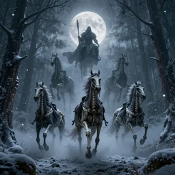 the wild hunt, otherworldly spectres riding in the sky, armored skeleton horses, bad omen, enchanted forest, blizzard storm, fog, mystical full moon, twilight, snowy environment, calm before the storm, in the style of the witcher series, hyperrealism, atmospheric, cinematic, enigmatic, breathtaking, award winning, groundbreaking, octane render, unreal 5, intricate digital art, sharp focus, 8 k