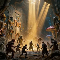 a moody 8 k hi res well lit dynamic volumetric lighting god rays 8 0 mm photo of hieroglyphics of zardoz and goku monsters and orcs and jim henson and hercules greek and roman mythology game of thrones psychedelic mushroom acid marvel iceland lemmings soldiers knights vikings king arthur maul horror zombie battle scene from the future year 3 0 3 5