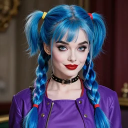 harley quinn with face looks like audrey hepburn, blue hairstyle, two very long blue braids, no makeup, purple jacket, portrait shinkai makoto studio ghibli studio key hideaki anno sakimichan stanley artgerm lau rossdraws james jean marc simonetti elegant highly detailed digital painting artstation pixiv
