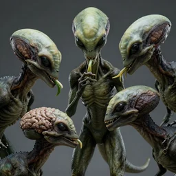 aliens brainsuckers eating dinosaurs, perfect faces, fine details, studio lighting, subtle shadows, art by katsuya terada, photorealism, hyper realism, octane render, hyper detailed, canon eos r 3, f / 1. 4, iso 2 0 0, 1 / 1 6 0 s, medium shot, 8 k, raw, unedited, in - frame,