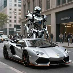 “Elegant expensive mecha suit made by Lamborghini, on the city street, stunning high tech, by Beeple, realistic, cinematography”