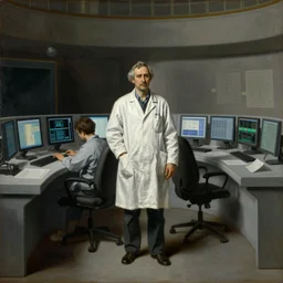 a contemporary painting of a single scientist in a white coat stands in a large control center surrounded by computers by caravaggio