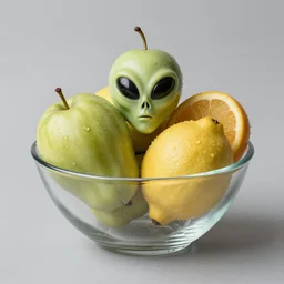alien fruit in clear glass bowl, giuseppe arcimboldo - n 6
